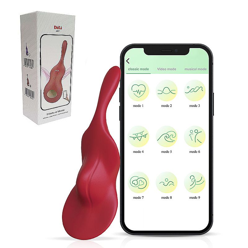 Vibrador de Calcinha Com Controle Via Celular, 9 Modos de Vibração, Cor Vermelho, Recarregável - Déli - SI