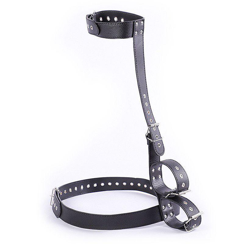 Conjunto bondage coleira e algema de couro PU com estirante BDSM