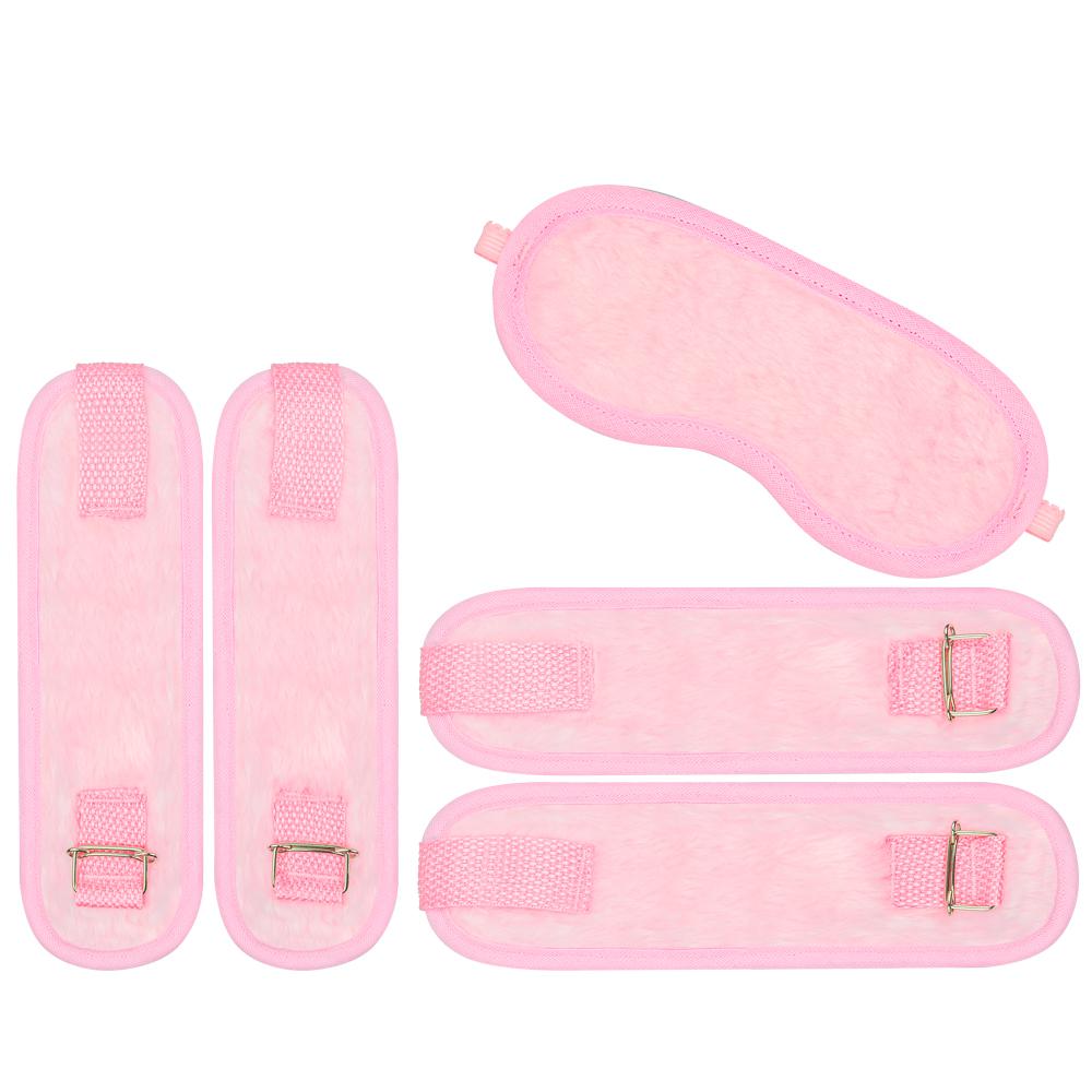 Kit Bondage Pelúcia Rosa com algemas tornozeleiras e venda – 5 peças