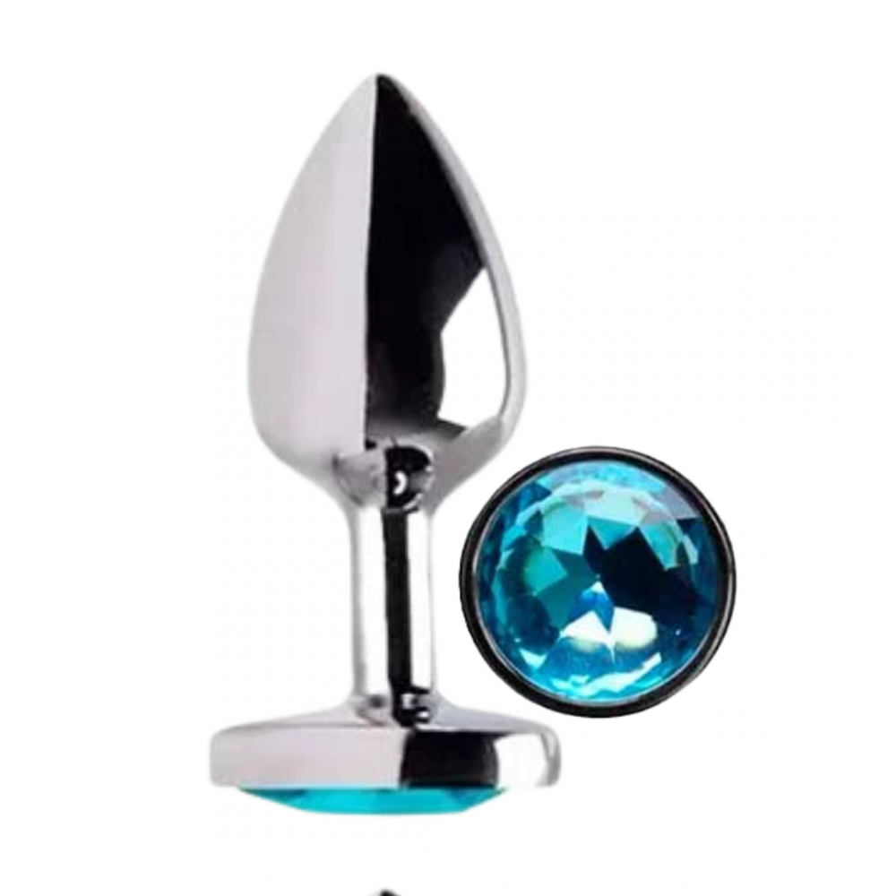 Plug anal de aço inox azul tamanho P com 7 cm e base de segurança