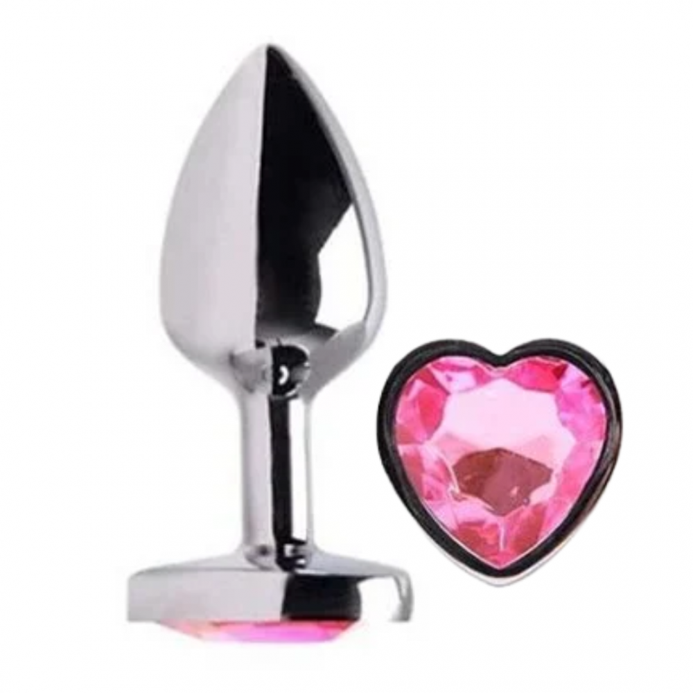 Plug anal aço inoxidável com pedra coração rosa tamanho P