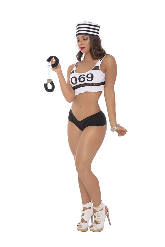 Fantasia presidiária feminina Lorena com top, shorts e chapéu