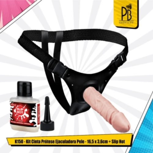 K150 - Kit Cinta Prótese Ejaculadora + Slip Hot - 16,5 x 3,6 cm - Pele