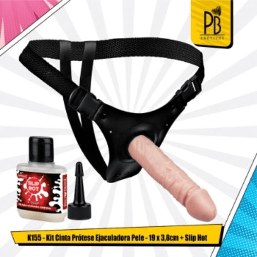 K155 - Kit Cinta Prótese Ejaculadora + Slip Hot - 19 x 3,8 cm - Pele
