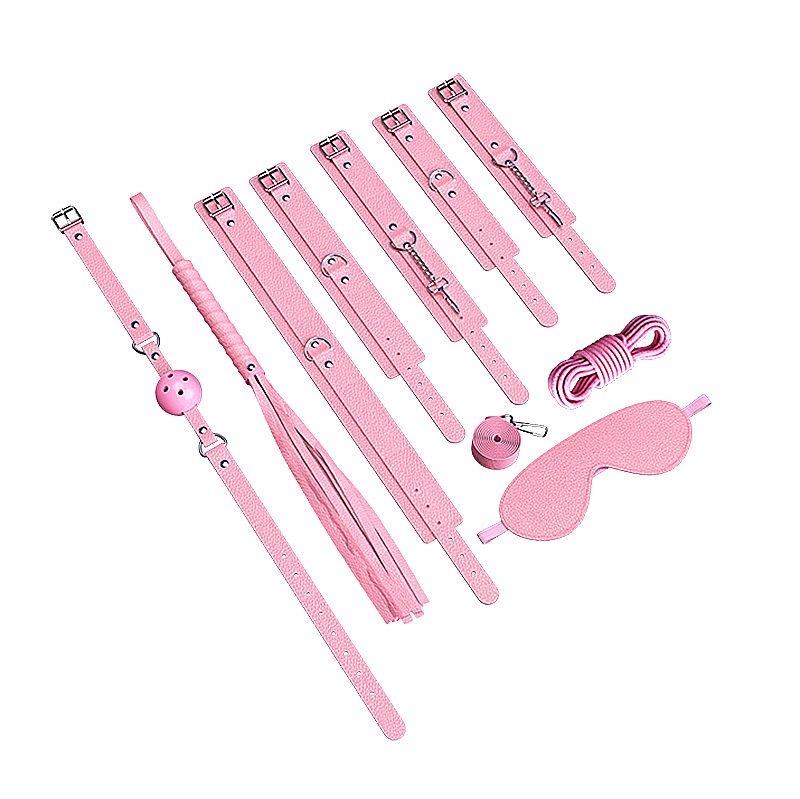 Kit Bondage BDSM Rosa 8 Peças com venda mordaça algema e chicote
