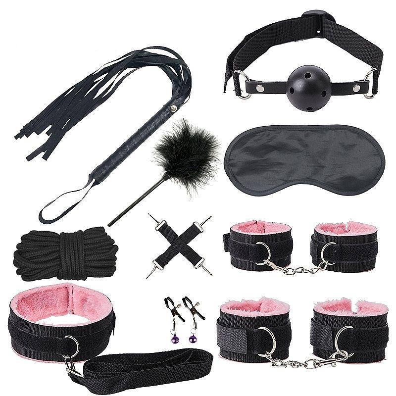 Kit sado bondage Black Wolf Rosa com algema, chicote e mordaça