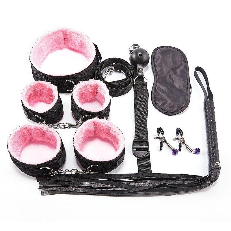 Kit bondage sadomasoquismo rosa com mordaça venda algema e chicote