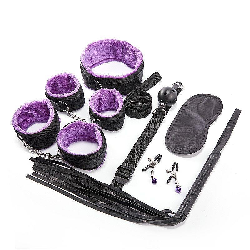 Kit bondage sadomasoquismo roxo com 8 peças – algema, venda e chicote
