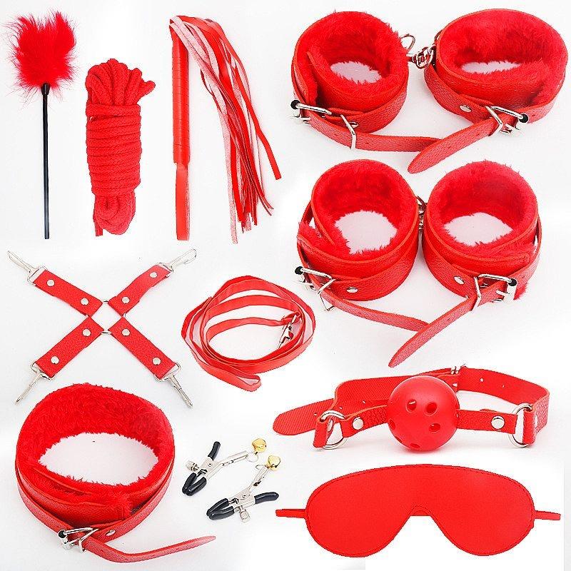 Kit sado erótico 11 peças bondage vermelho com mordaça e algema