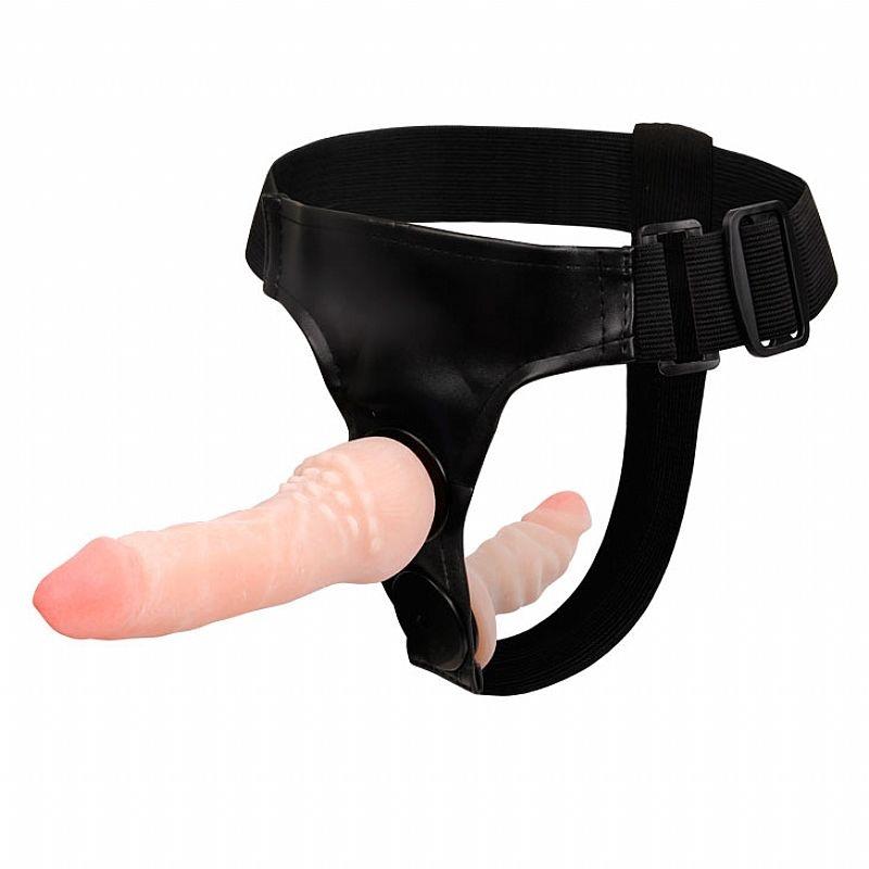 Pênis em Cyberskin Duplo com Cinta em Couro - Realístico e Texturizado para Duplo Prazer - BAILE
