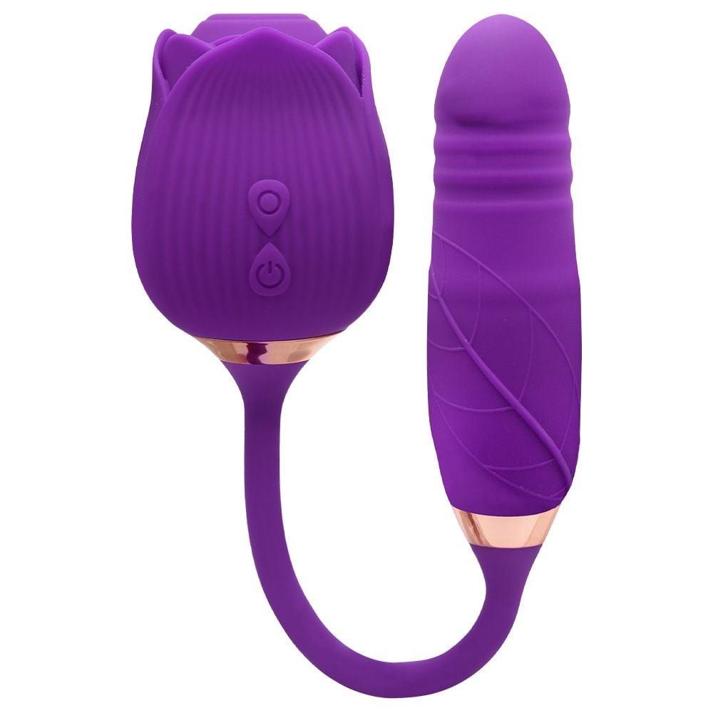 Vibrador de Ponto G e Sugador de Clitóris com Vai e vem Cor Roxo - Formato de Rosa