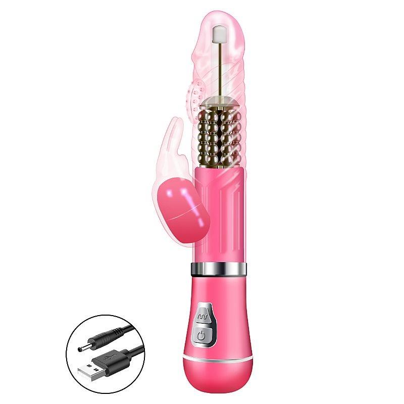 Vibrador rotativo de coelho rosa recarregável com estimulador clitoriano