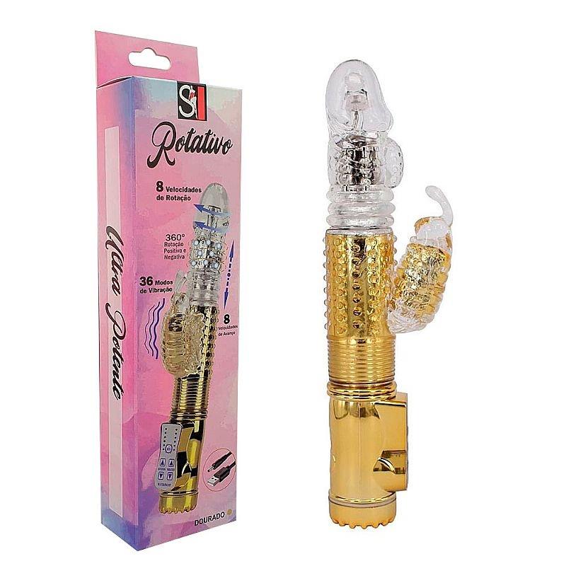 Vibrador Rotativo Vai e Vem Dourado Recarregável com Estimulador Clitoriano Borboleta - 36 Vibrações Gtoys