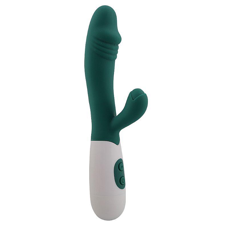 Vibrador ponto G e clitóris verde 10 modos silicone à pilhas
