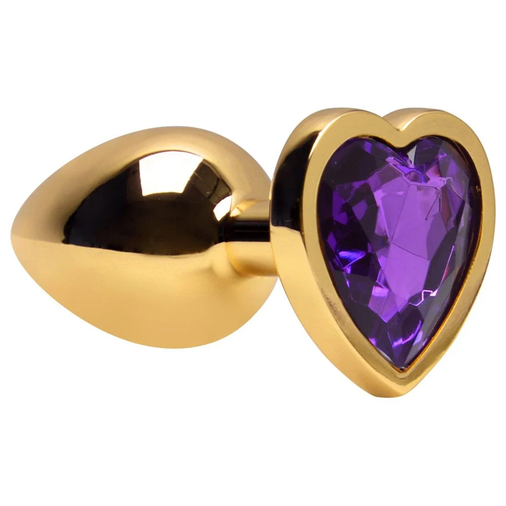 Plug Anal Dourado Coração Roxo Metal 7x2,8cm | Sexy Import