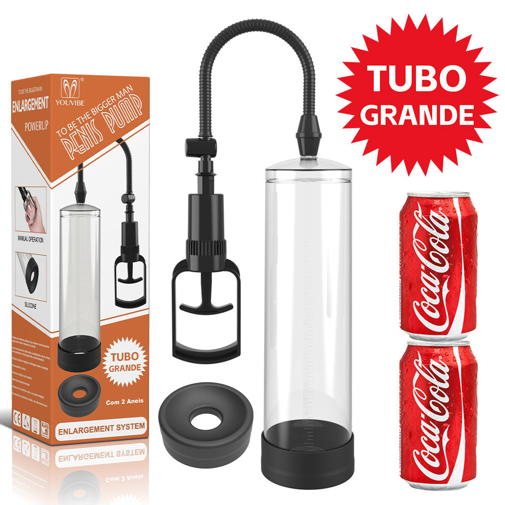 Bomba peniana tubo grande 28x9 cm com 2 anéis de silicone para ereção