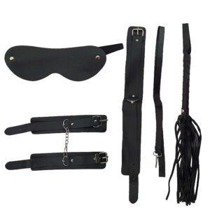 Kit sado erótico Bondage 2 com algemas, venda, chicote e coleira