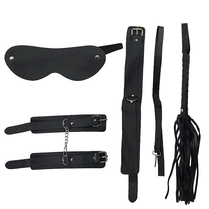 Kit sado erótico Bondage 2 com algemas, venda, chicote e coleira