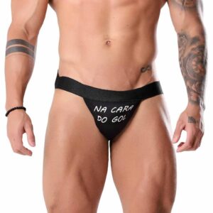 Cueca jockstrap fetiche preta com frases eróticas Tallyta